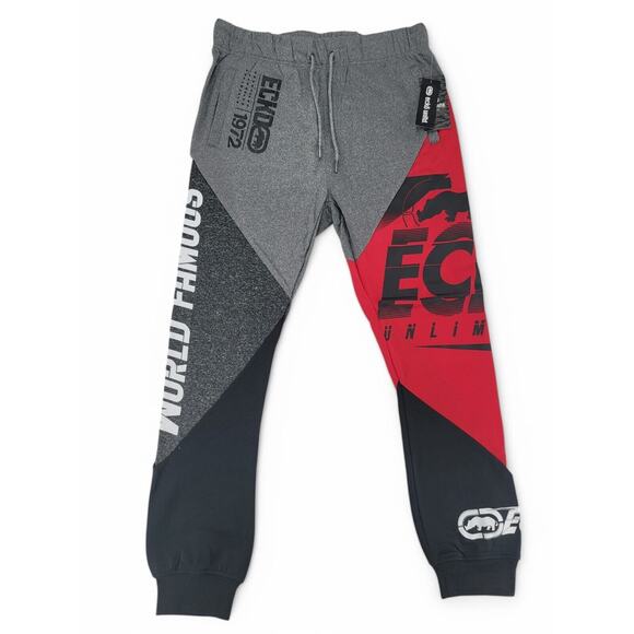 Ecko Unltd. Joggers Mens M True Red Gray Black Colorblock Graphic Sweatpants NEW - Picture 1 of 9